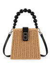 Sac de plage en raphia, perles noires, anse rigide, bandoulière amovible, petit format compact, modèle Claire - Sac de plage - Camel