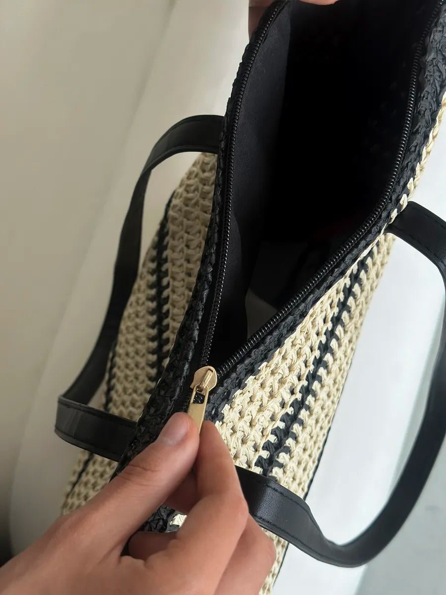 Sac de plage en raphia, tote bag d'été, tissé rayé, grand sac à main, idéal vacances et mer, modèle Léa - Sac de plage - Beige