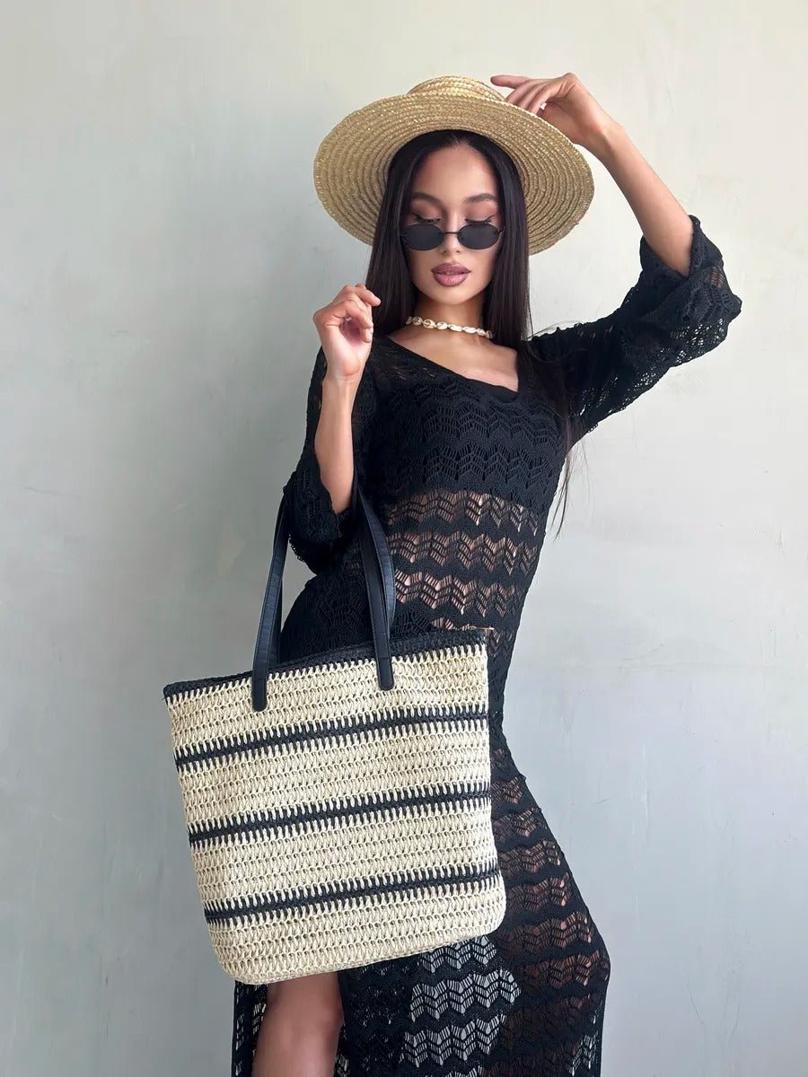Sac de plage en raphia, tote bag d'été, tissé rayé, grand sac à main, idéal vacances et mer, modèle Léa - Sac de plage - Beige