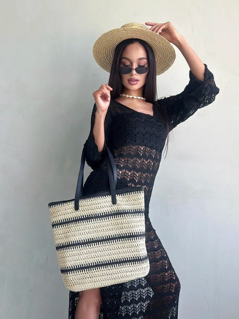 Sac de plage en raphia, tote bag d'été, tissé rayé, grand sac à main, idéal vacances et mer, modèle Léa - Sac de plage - Beige