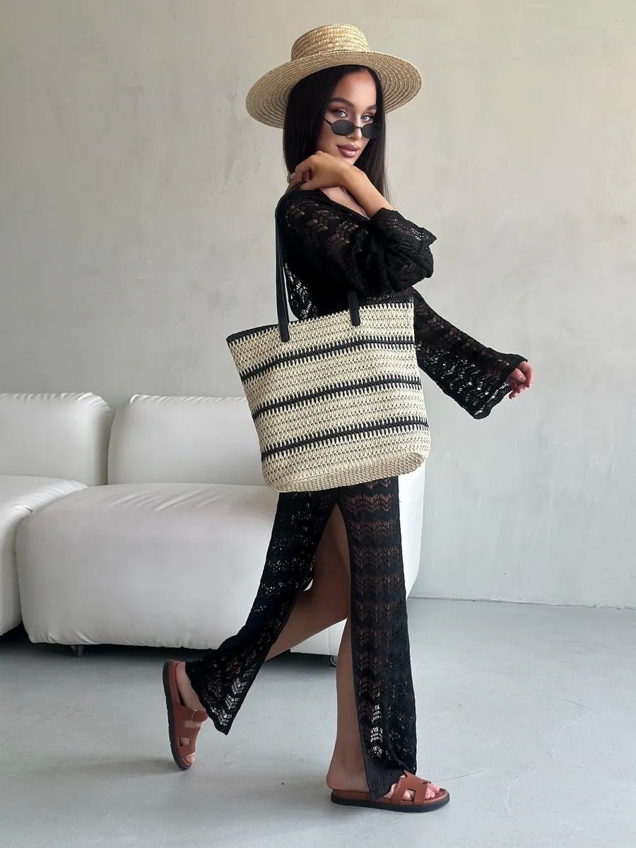Sac de plage en raphia, tote bag d'été, tissé rayé, grand sac à main, idéal vacances et mer, modèle Léa - Sac de plage - Beige