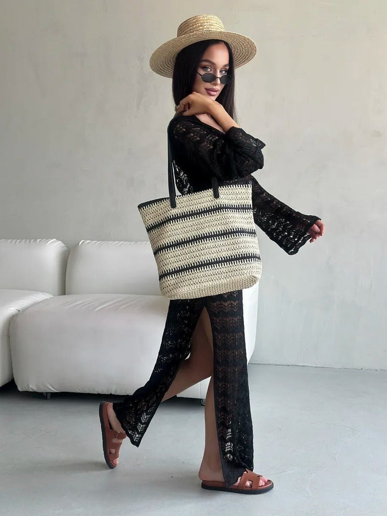 Sac de plage en raphia, tote bag d'été, tissé rayé, grand sac à main, idéal vacances et mer, modèle Léa - Sac de plage - Beige