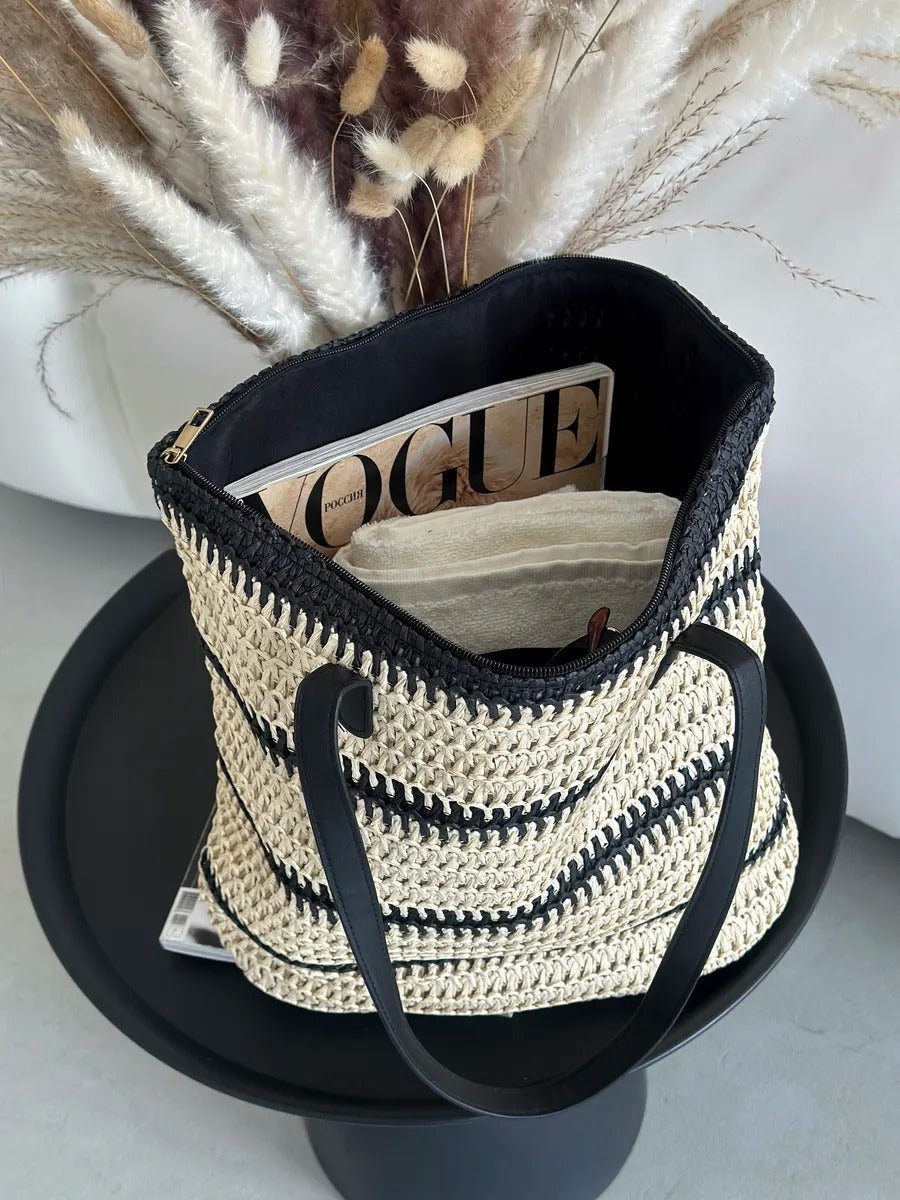 Sac de plage en raphia, tote bag d'été, tissé rayé, grand sac à main, idéal vacances et mer, modèle Léa - Sac de plage - Beige