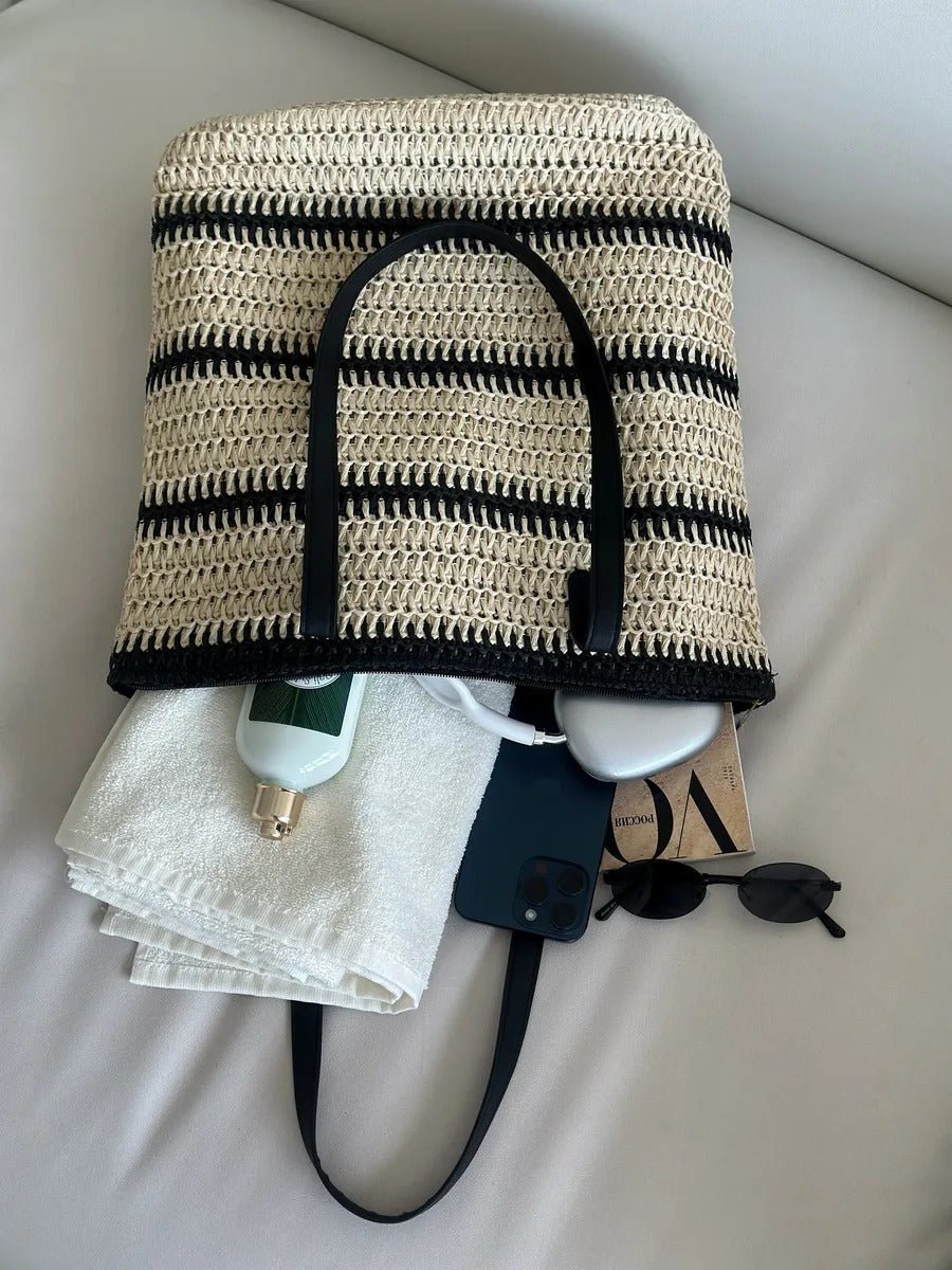 Sac de plage en raphia, tote bag d'été, tissé rayé, grand sac à main, idéal vacances et mer, modèle Léa - Sac de plage - Beige