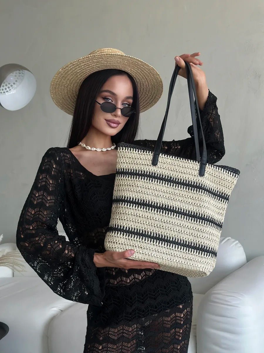 Sac de plage en raphia, tote bag d'été, tissé rayé, grand sac à main, idéal vacances et mer, modèle Léa - Sac de plage - Beige