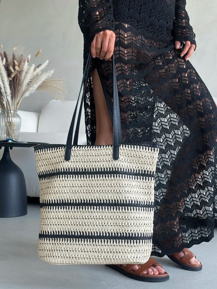 Sac de plage en raphia, tote bag d'été, tissé rayé, grand sac à main, idéal vacances et mer, modèle Léa - Sac de plage - Beige