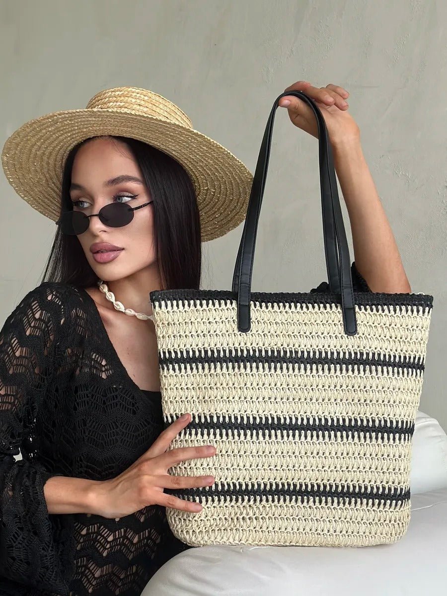 Sac de plage en raphia, tote bag d'été, tissé rayé, grand sac à main, idéal vacances et mer, modèle Léa - Sac de plage - Beige