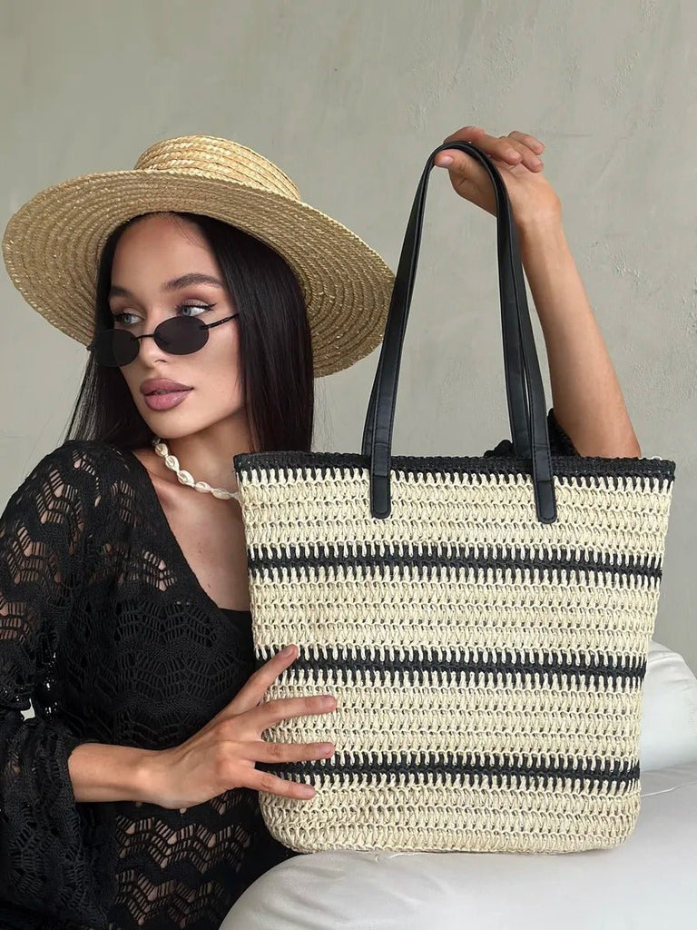 Sac de plage en raphia, tote bag d'été, tissé rayé, grand sac à main, idéal vacances et mer, modèle Léa - Sac de plage - Beige