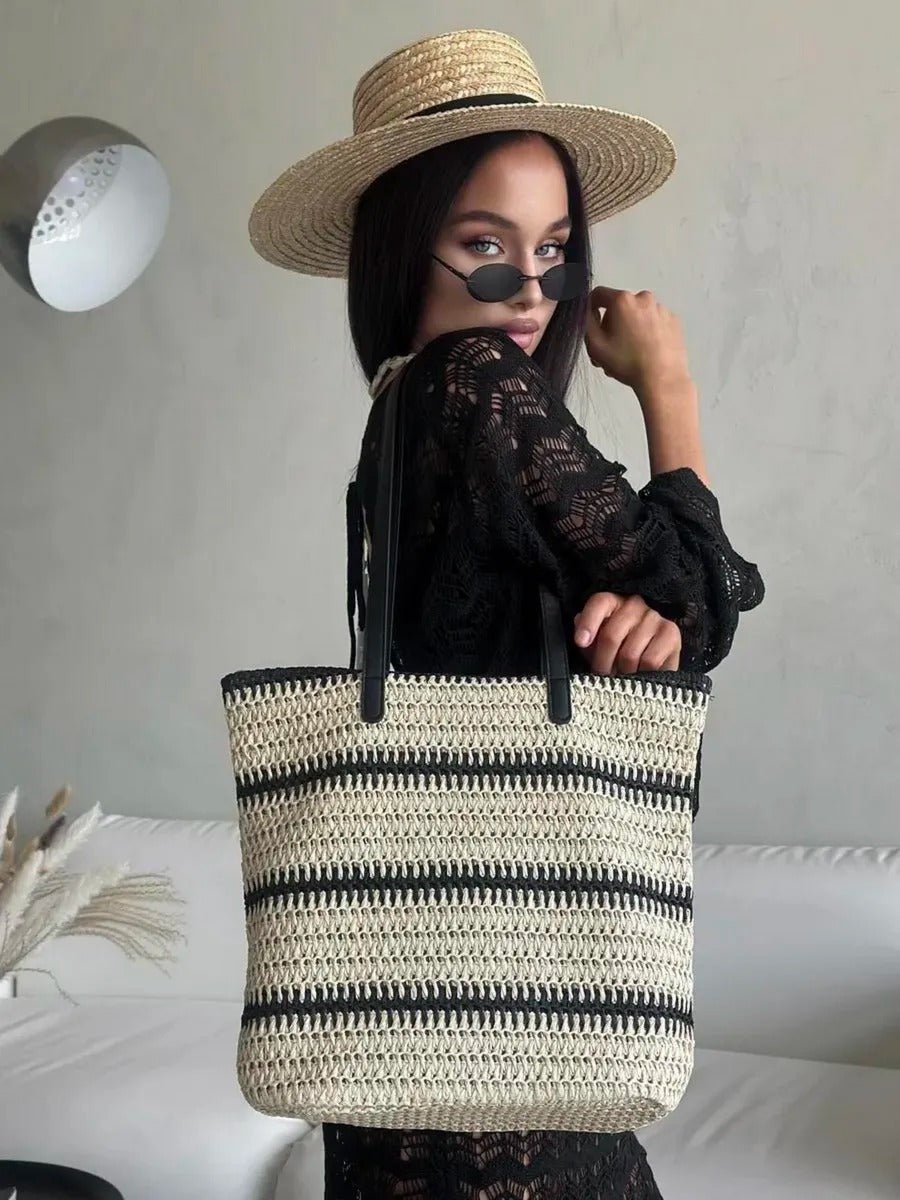 Sac de plage en raphia, tote bag d'été, tissé rayé, grand sac à main, idéal vacances et mer, modèle Léa - Sac de plage - Beige