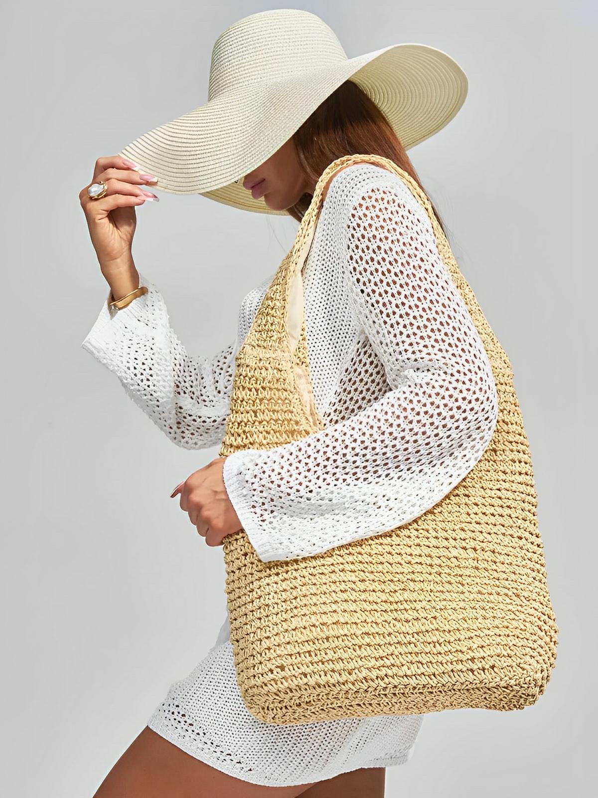 Sac de plage en raphia tressé, grand format, plage ou ville, style naturel, doublure polyester, style tote - bag, modèle Fabia - Sac de plage - Beige