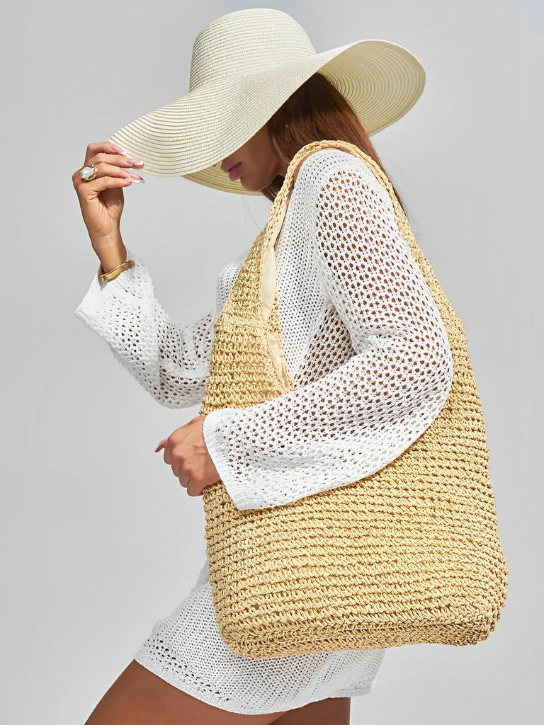 Sac de plage en raphia tressé, grand format, plage ou ville, style naturel, doublure polyester, style tote - bag, modèle Fabia - Sac de plage - Beige