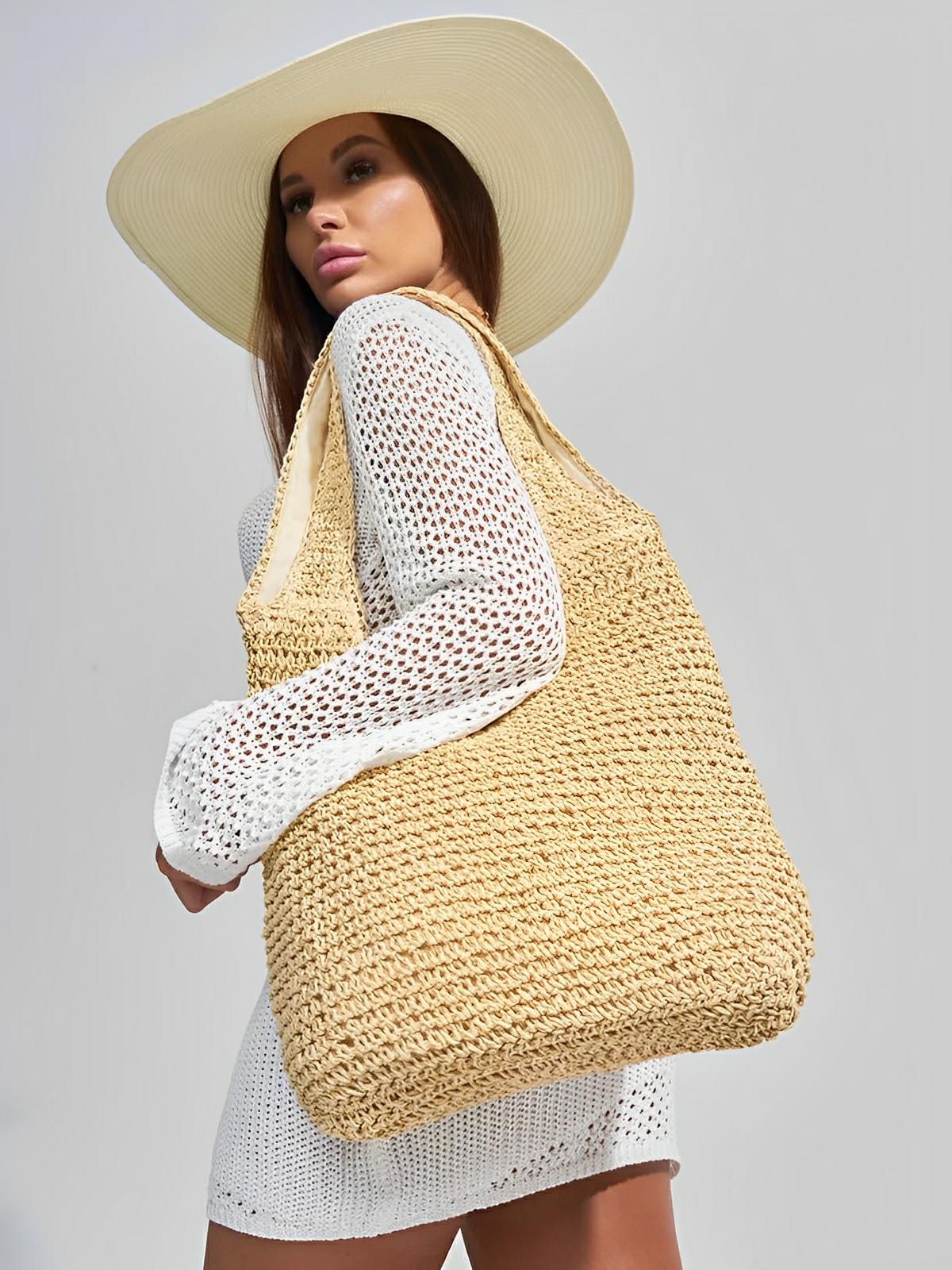 Sac de plage en raphia tressé, grand format, plage ou ville, style naturel, doublure polyester, style tote - bag, modèle Fabia - Sac de plage - Beige