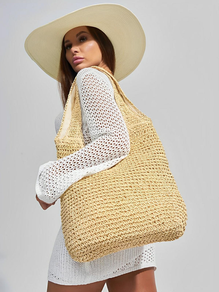 Sac de plage en raphia tressé, grand format, plage ou ville, style naturel, doublure polyester, style tote - bag, modèle Fabia - Sac de plage - Beige