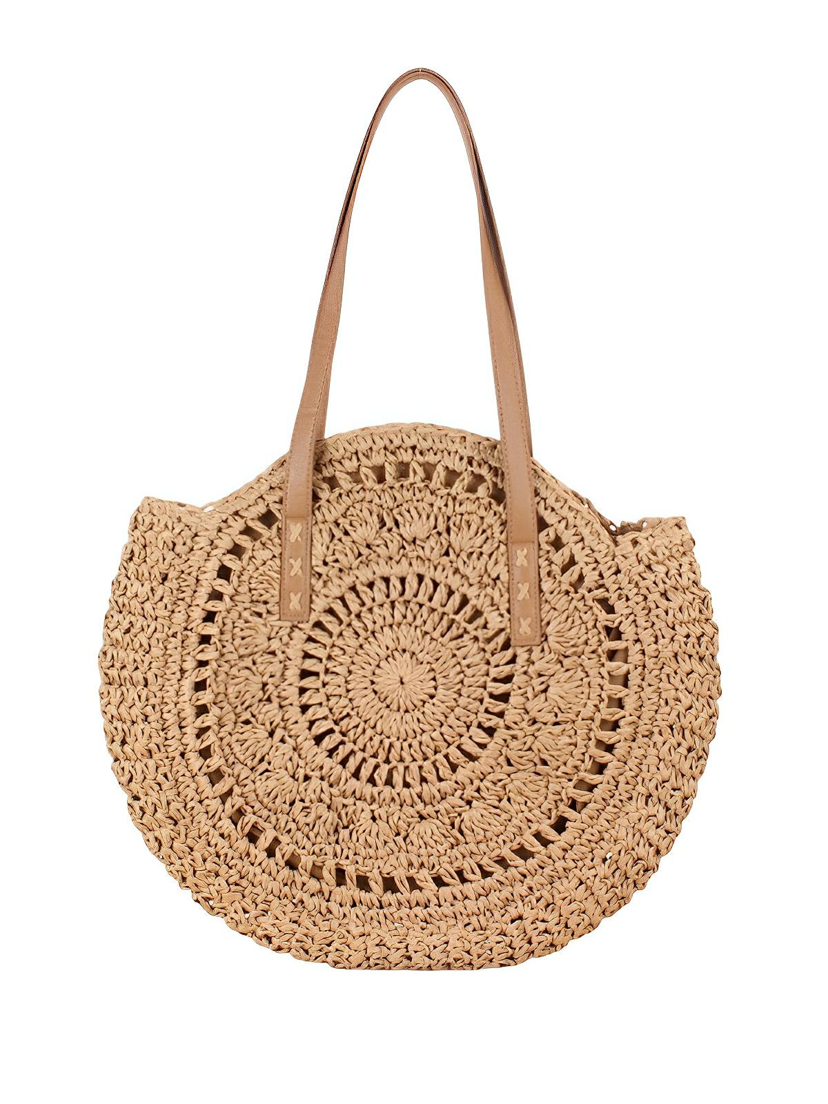 Sac de plage rond raphia, cabas plage bohème, grand sac d'été pour femme, tote - bag de vacances, modèle Gabriella - Sac de plage - Camel