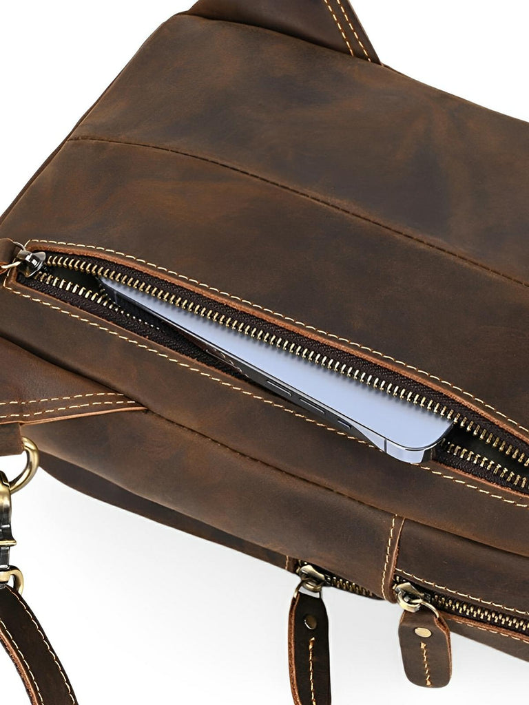 Sac de poitrine en cuir, grande capacité, pratique et tendance, modèle Desiderius - Sacoche - Café