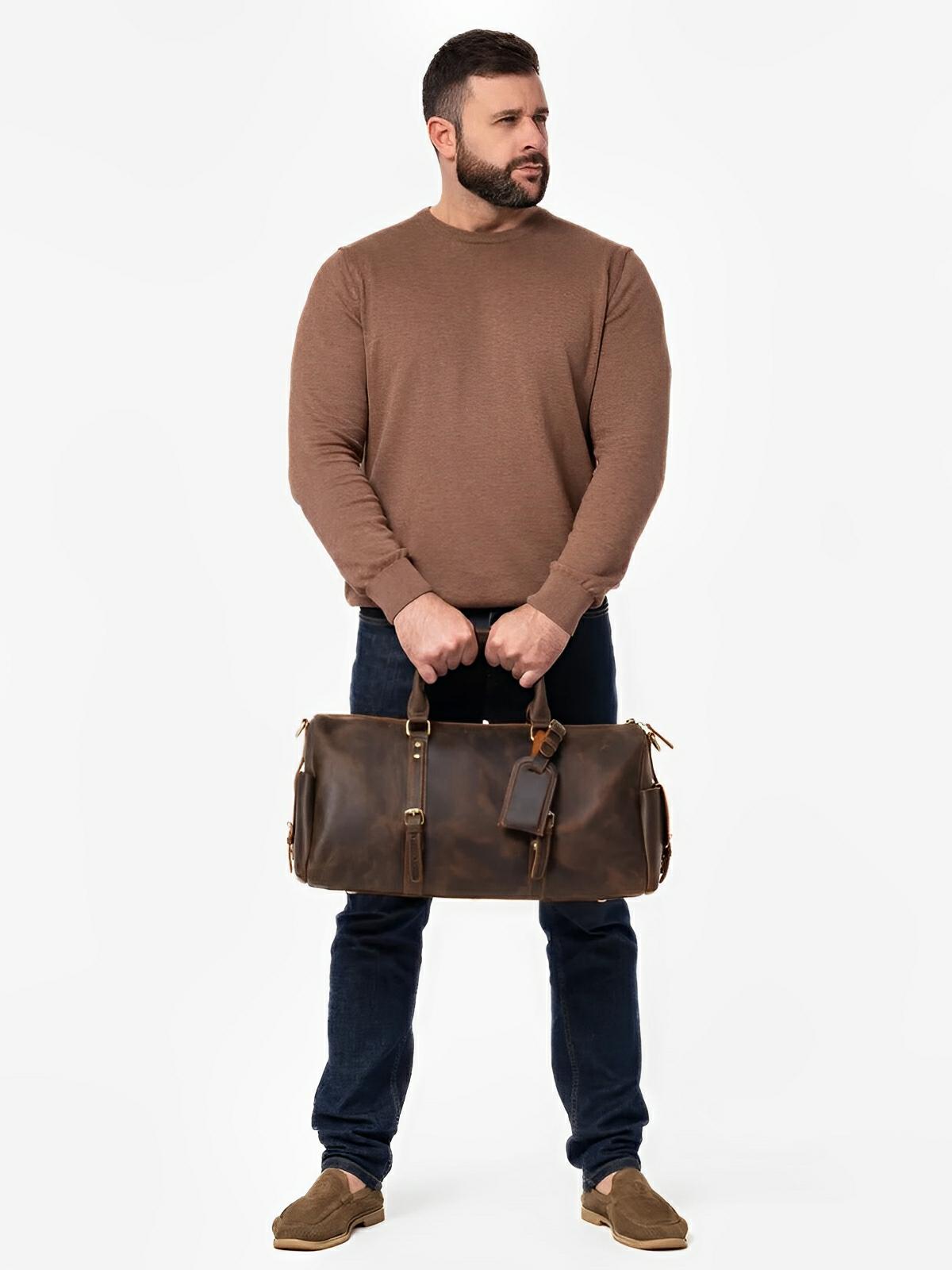 Sac de voyage long en cuir, grande capacité, multi - compartiments, modèle Mériadec - Sac de voyage - Café