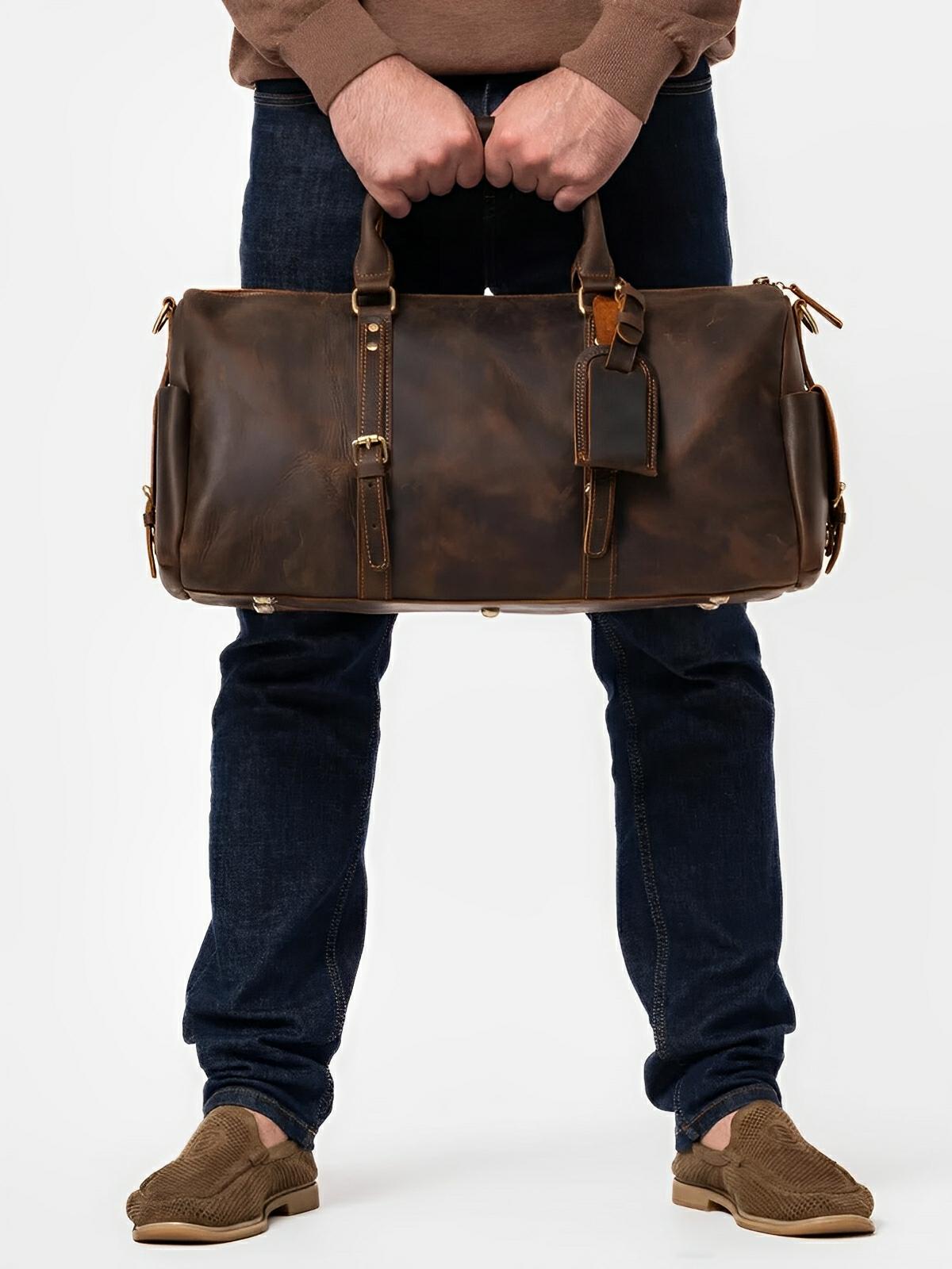 Sac de voyage long en cuir, grande capacité, multi - compartiments, modèle Mériadec - Sac de voyage - Café