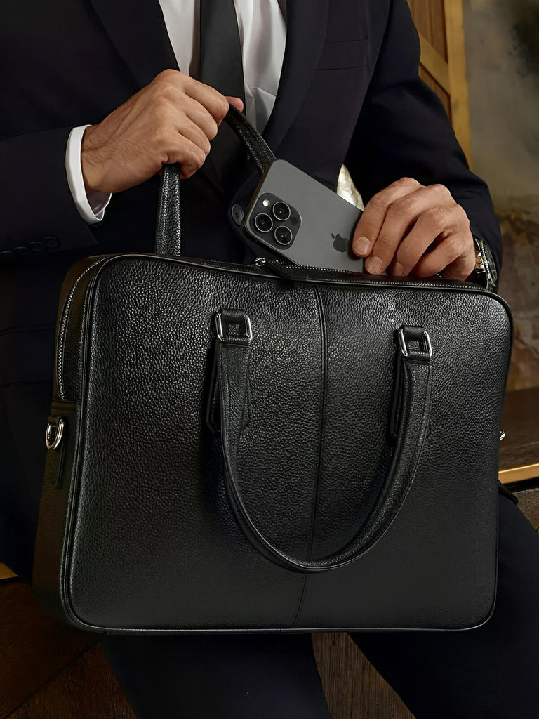Sac en cuir véritable, porte - documents homme, format A4, bandoulière réglable, au design business, modèle Mauclerc - Porte - document - Noir