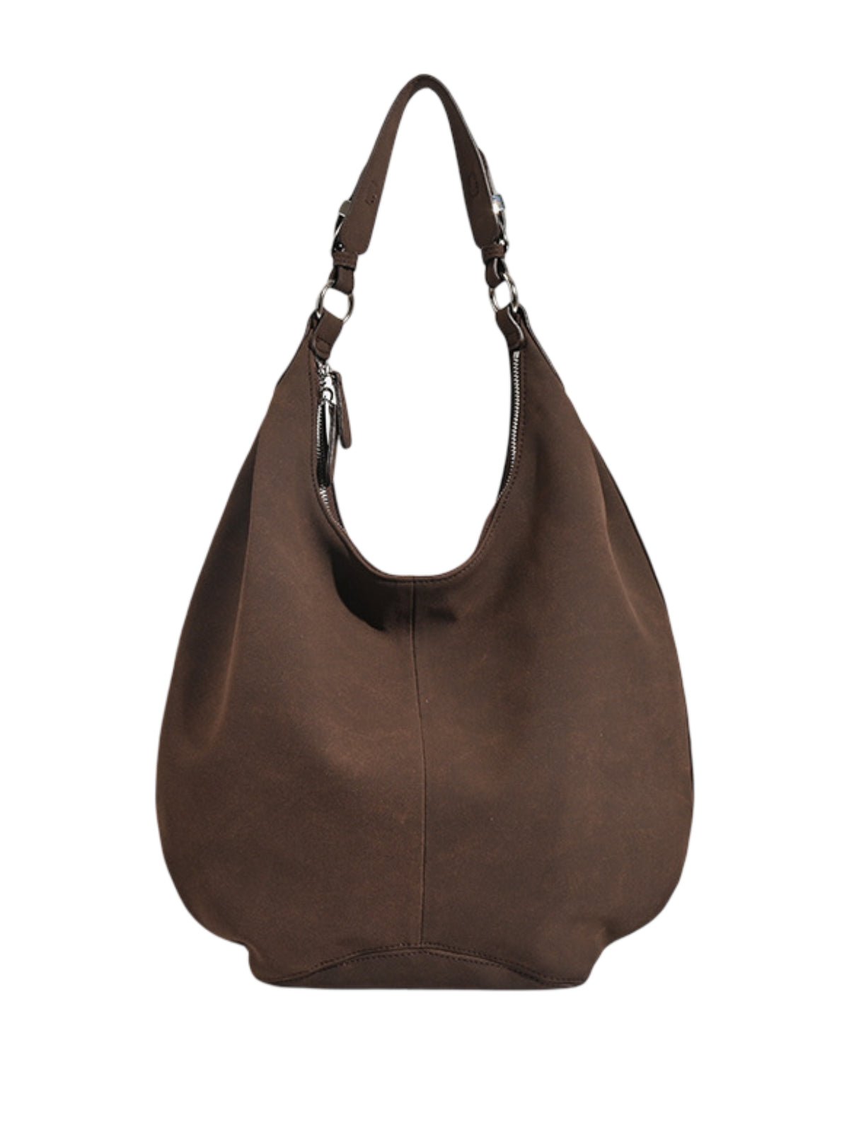 Sac hobo chocolat, grand sac souple, sac épaule femme, sac seau tendance, sac fourre - tout tissu suédé, modèle Philomina - Sac à main - Café