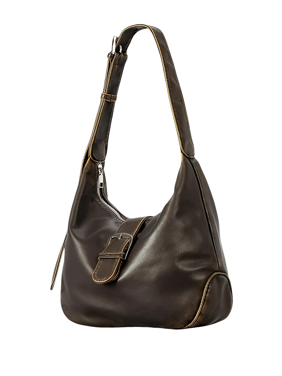 Sac hobo en simili vegan, style vintage, boucle métal, porté épaule confortable, modèle Aypia - Sac à main - Café