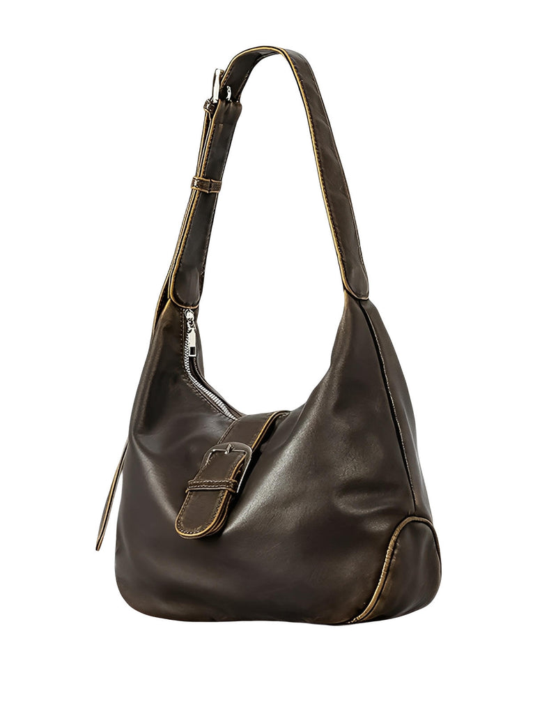 Sac hobo en simili vegan, style vintage, boucle métal, porté épaule confortable, modèle Aypia - Sac à main - Café