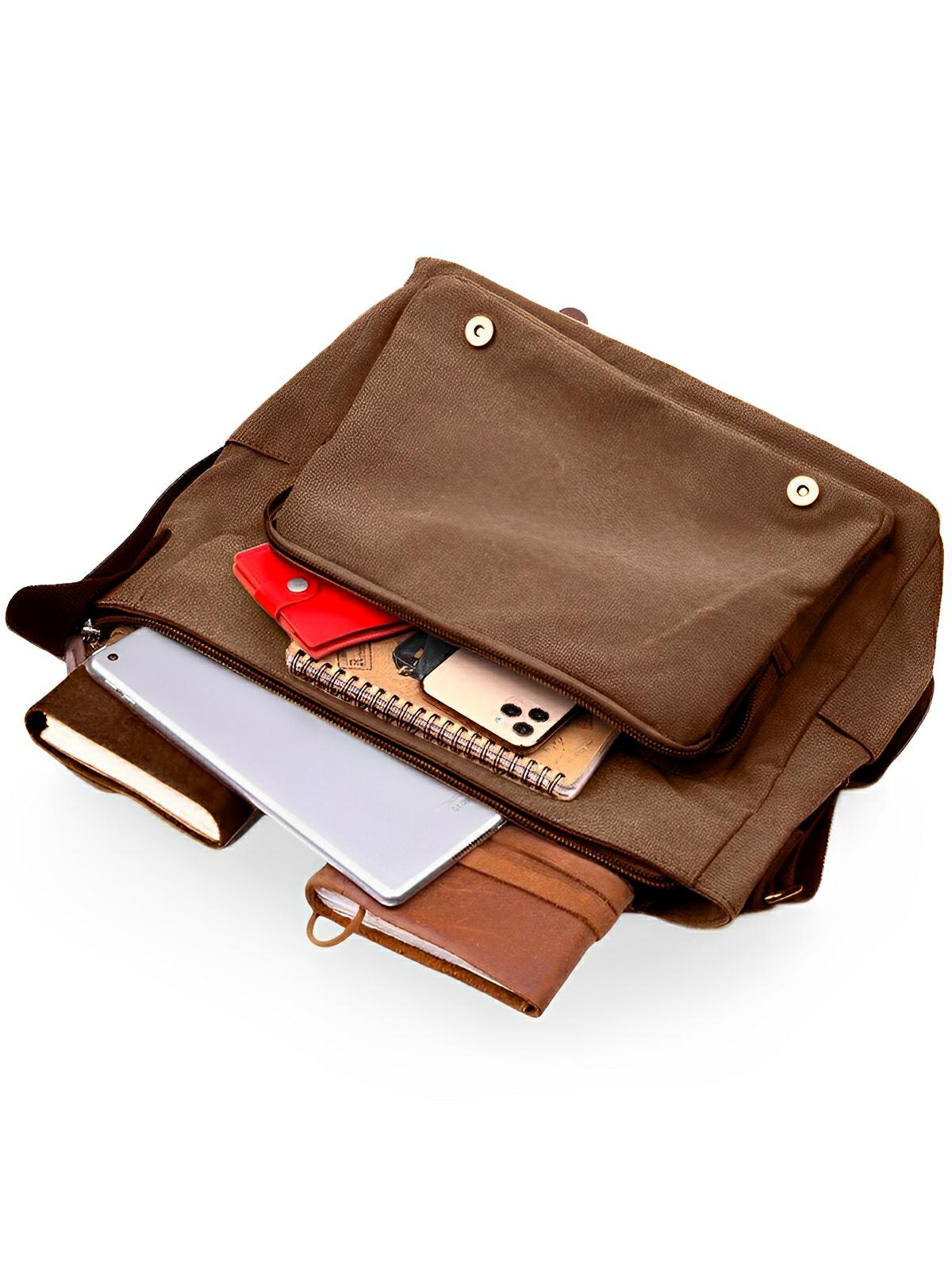 Sac messager en toile, au style rétro, poches multiples et fermeture sécurisée, modèle Donatien - Sac Bandoulière - Marron