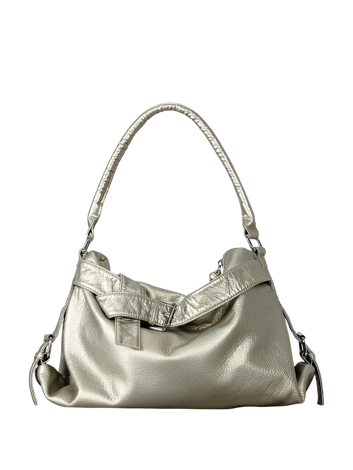 Sac noir en simili vegan souple, bandoulière réglable, grand format, fermeture zippée, style chic, modèle Mariza - Sac à main - Gris
