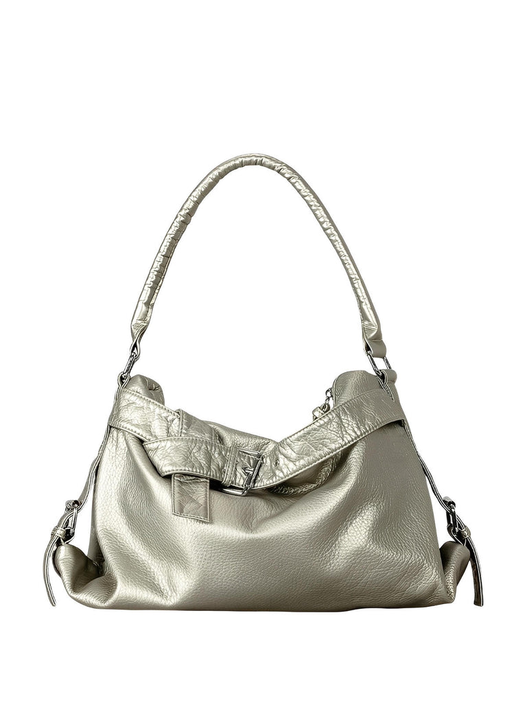 Sac noir en simili vegan souple, bandoulière réglable, grand format, fermeture zippée, style chic, modèle Mariza - Sac à main - Gris