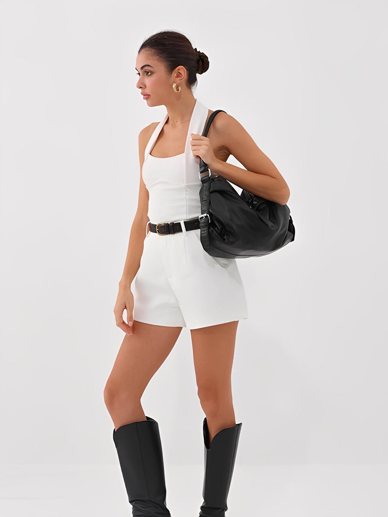 Sac noir en simili vegan souple, bandoulière réglable, grand format, fermeture zippée, style chic, modèle Mariza - Sac à main - Noir