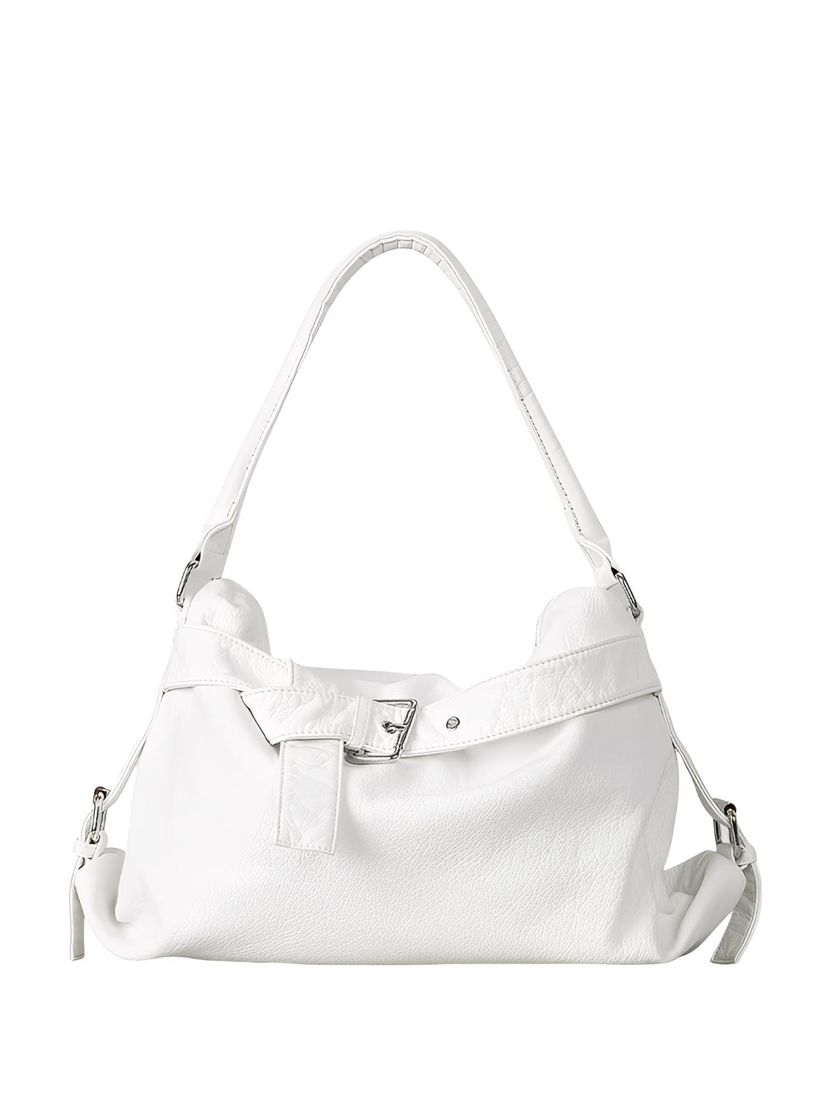 Sac noir en simili vegan souple, bandoulière réglable, grand format, fermeture zippée, style chic, modèle Mariza - Sac à main - Blanc