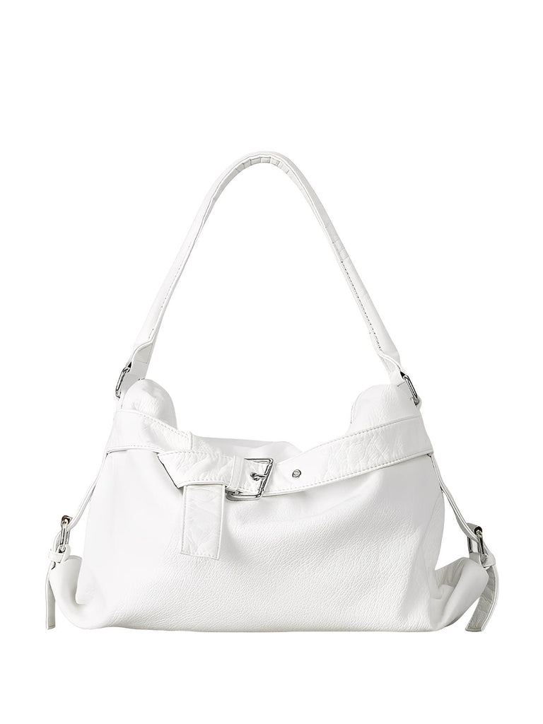 Sac noir en simili vegan souple, bandoulière réglable, grand format, fermeture zippée, style chic, modèle Mariza - Sac à main - Blanc