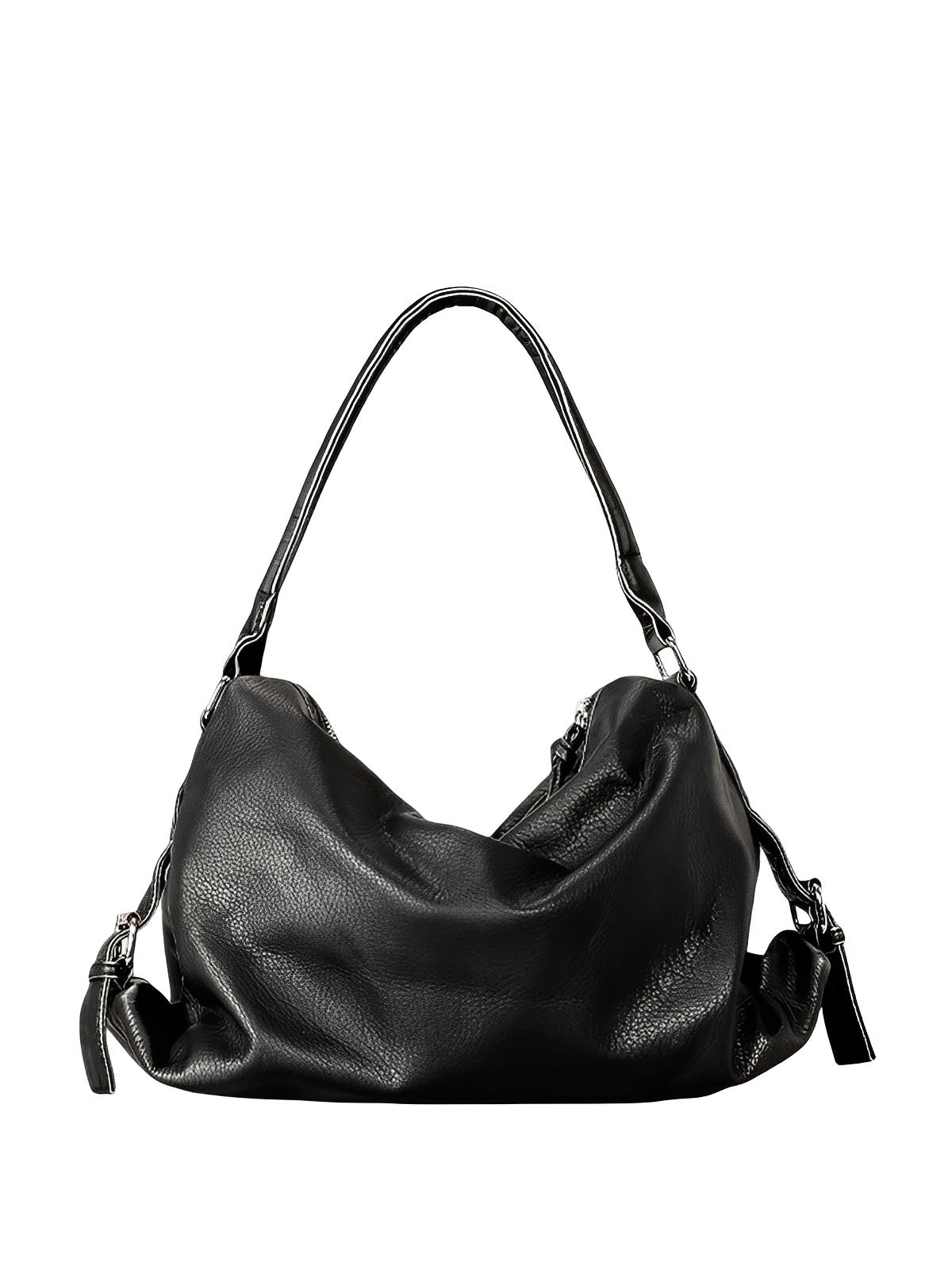 Sac noir en simili vegan souple, bandoulière réglable, grand format, fermeture zippée, style chic, modèle Mariza - Sac à main - Noir
