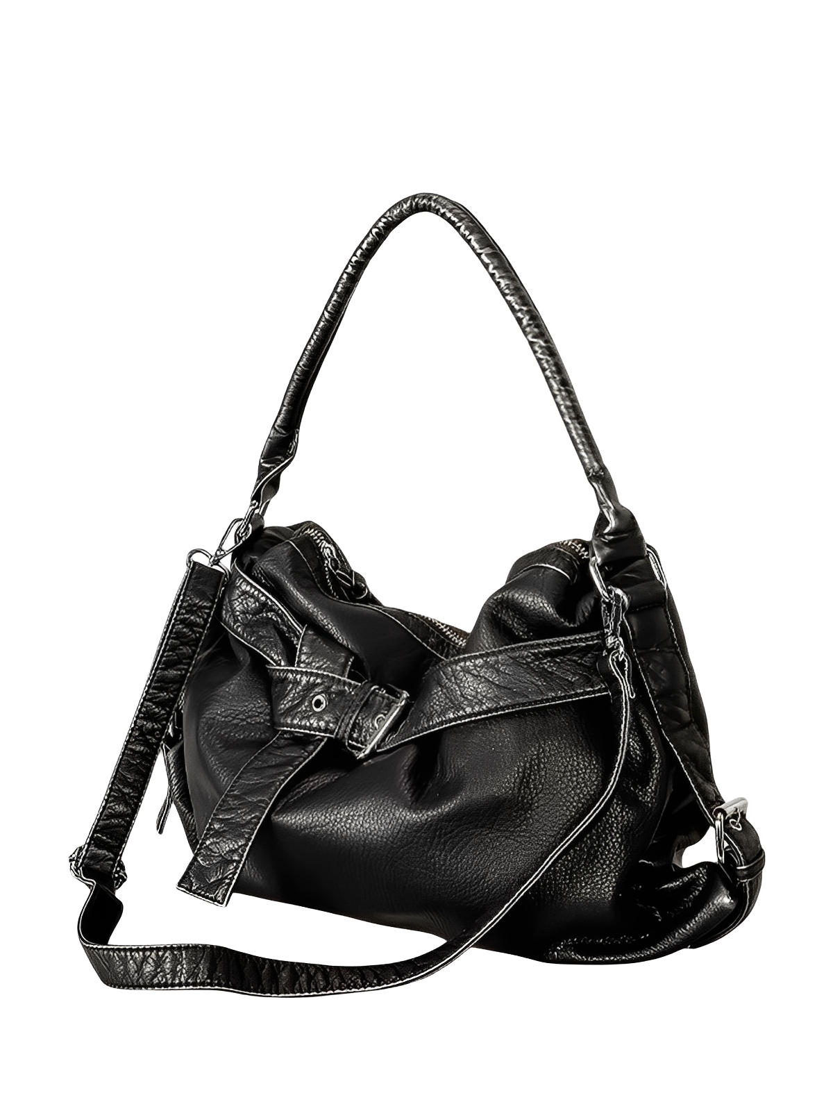 Sac noir en simili vegan souple, bandoulière réglable, grand format, fermeture zippée, style chic, modèle Mariza - Sac à main - Noir