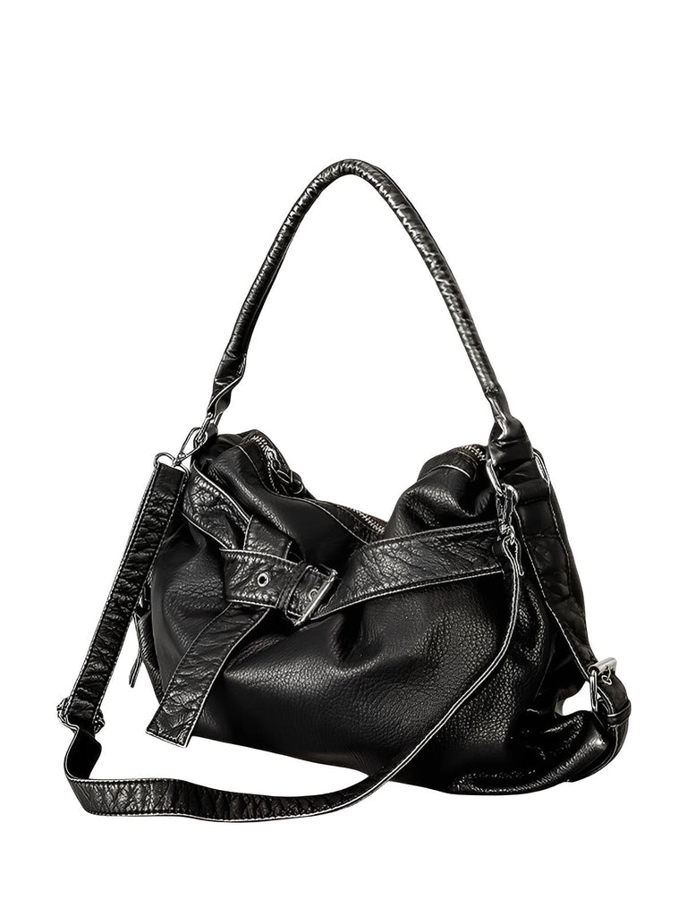 Sac noir en simili vegan souple, bandoulière réglable, grand format, fermeture zippée, style chic, modèle Mariza - Sac à main - Noir