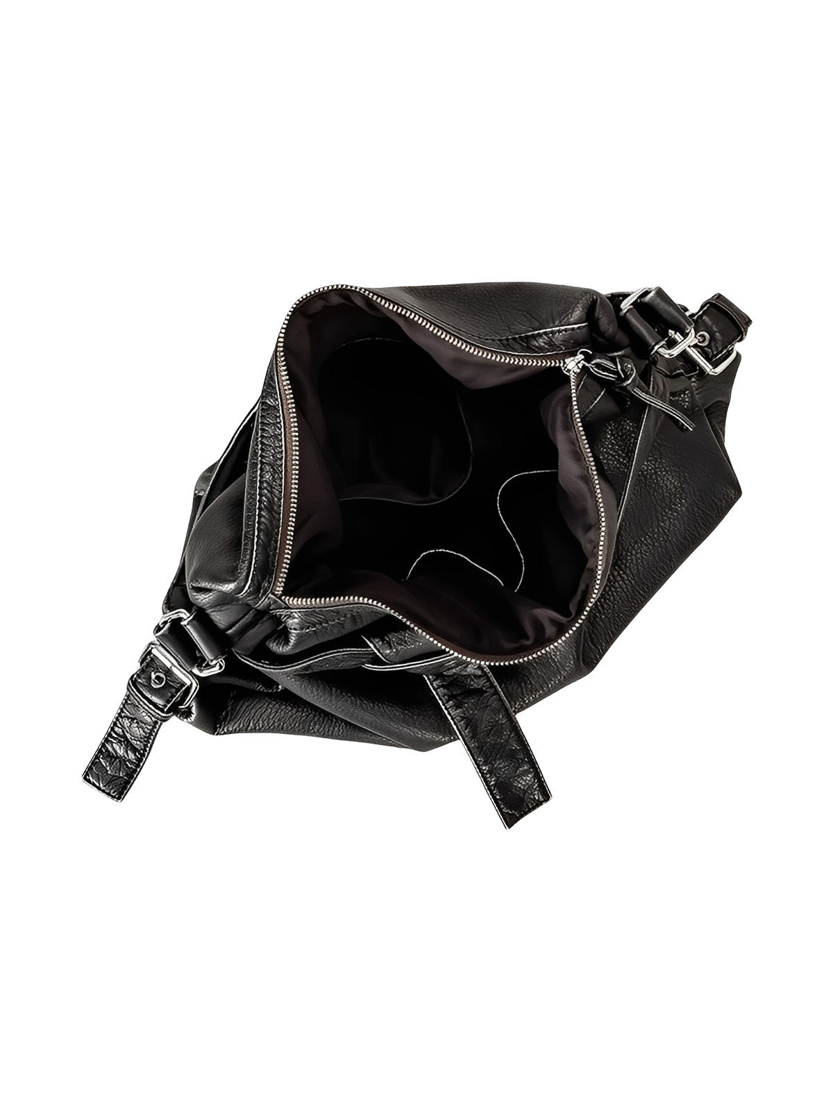 Sac noir en simili vegan souple, bandoulière réglable, grand format, fermeture zippée, style chic, modèle Mariza - Sac à main - Noir
