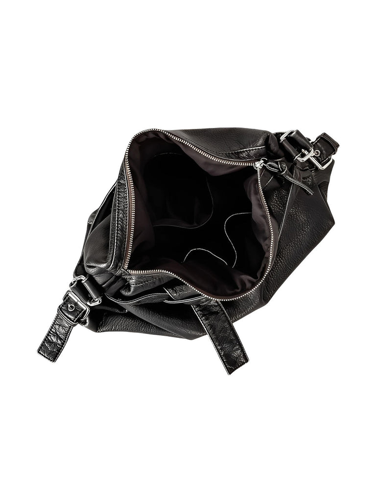 Sac noir en simili vegan souple, bandoulière réglable, grand format, fermeture zippée, style chic, modèle Mariza - Sac à main - Noir