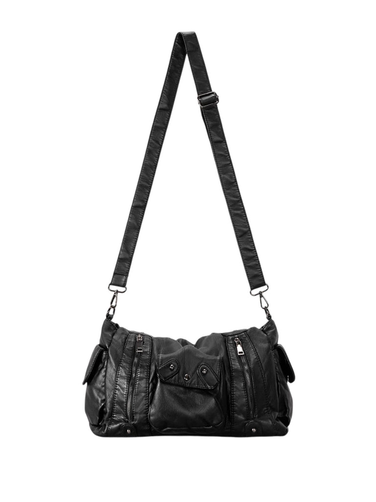 Sac noir femme multi - poches, grand format, porté main et épaule, style biker moderne, modèle Ritane - Sac à main - Noir