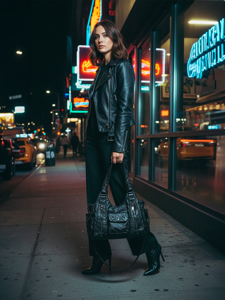 Sac noir femme multi - poches, grand format, porté main et épaule, style biker moderne, modèle Ritane - Sac à main - Noir