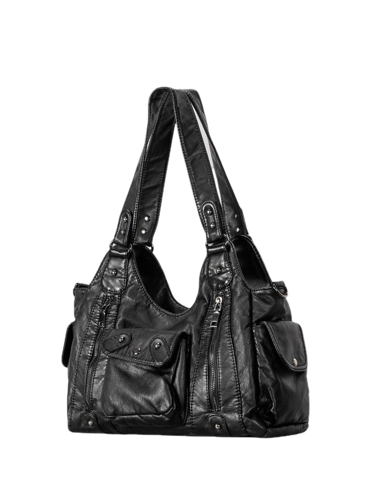 Sac noir femme multi - poches, grand format, porté main et épaule, style biker moderne, modèle Ritane - Sac à main - Noir