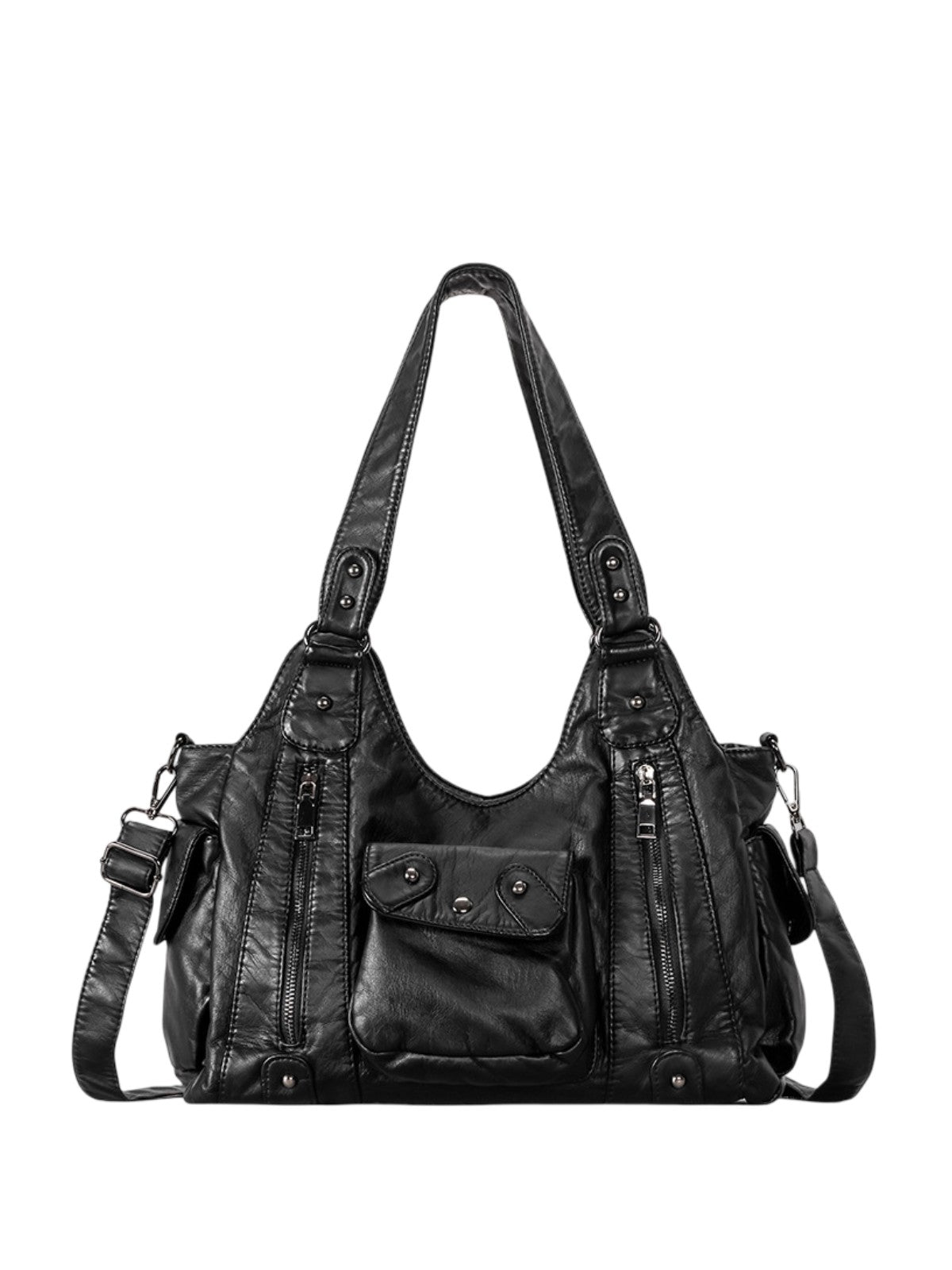 Sac noir femme multi - poches, grand format, porté main et épaule, style biker moderne, modèle Ritane - Sac à main - Noir