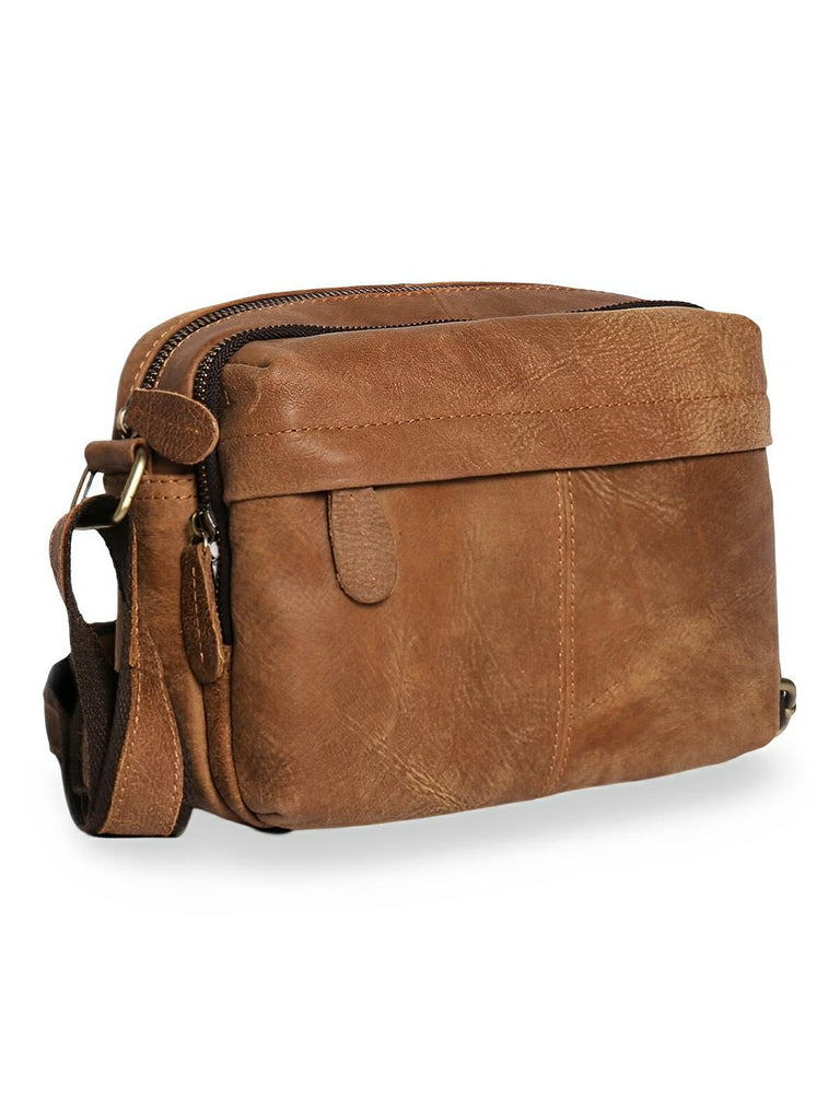 Sacoche à bandoulière en cuir, au style décontractée, double compartiment, modèle Mérové - Sacoche - Marron