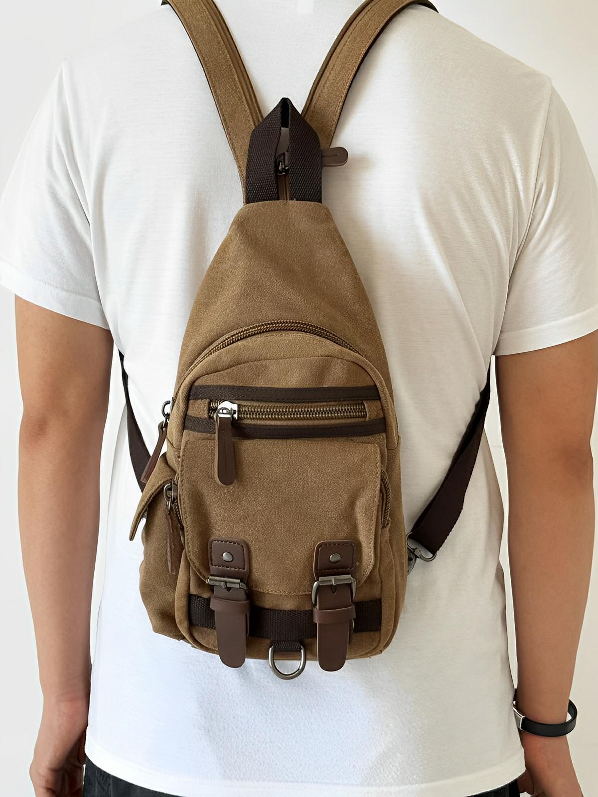 Sacoche à bandoulière en toile, polyvalente et robuste, urbain et compact, sac messager tendance, modèle Mikel - Sacoche - Marron