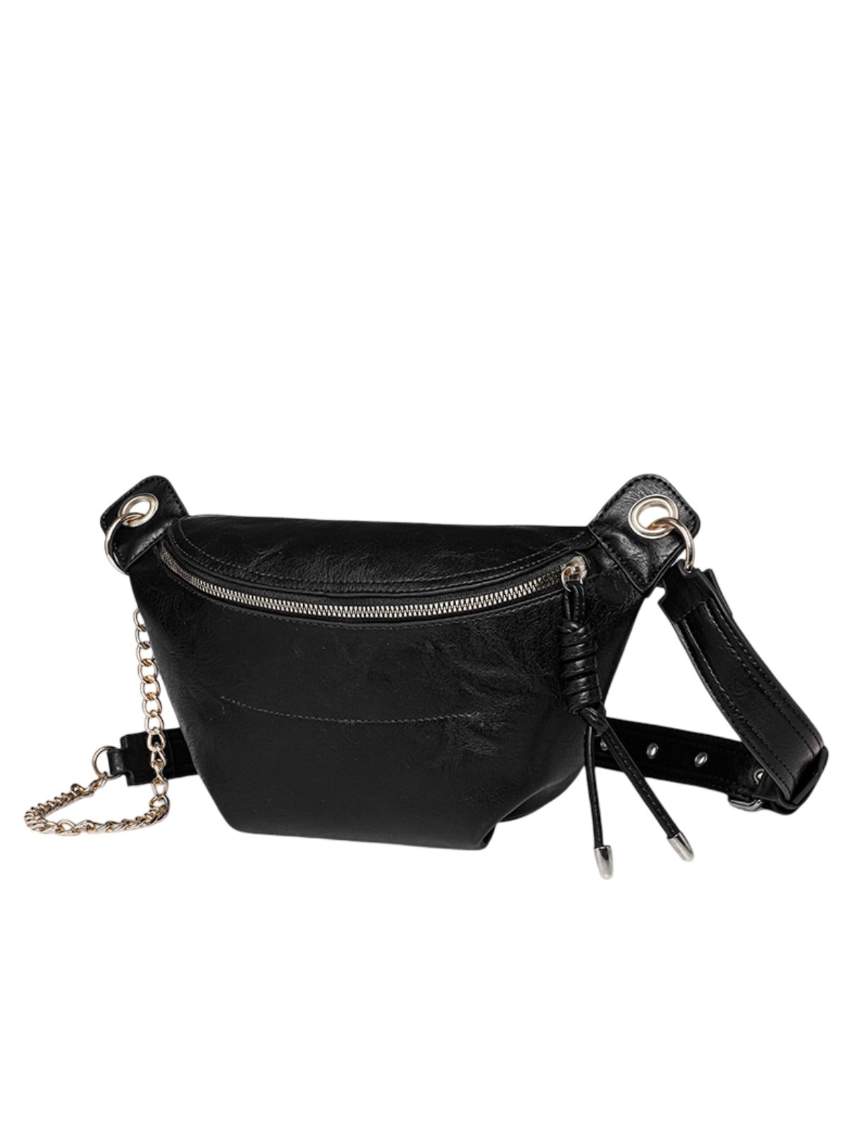 Sacoche banane en simili vegan, chaîne dorée, porté ceinture, sac moyen, fermeture éclair, modèle Sabina - Sacoche - Noir