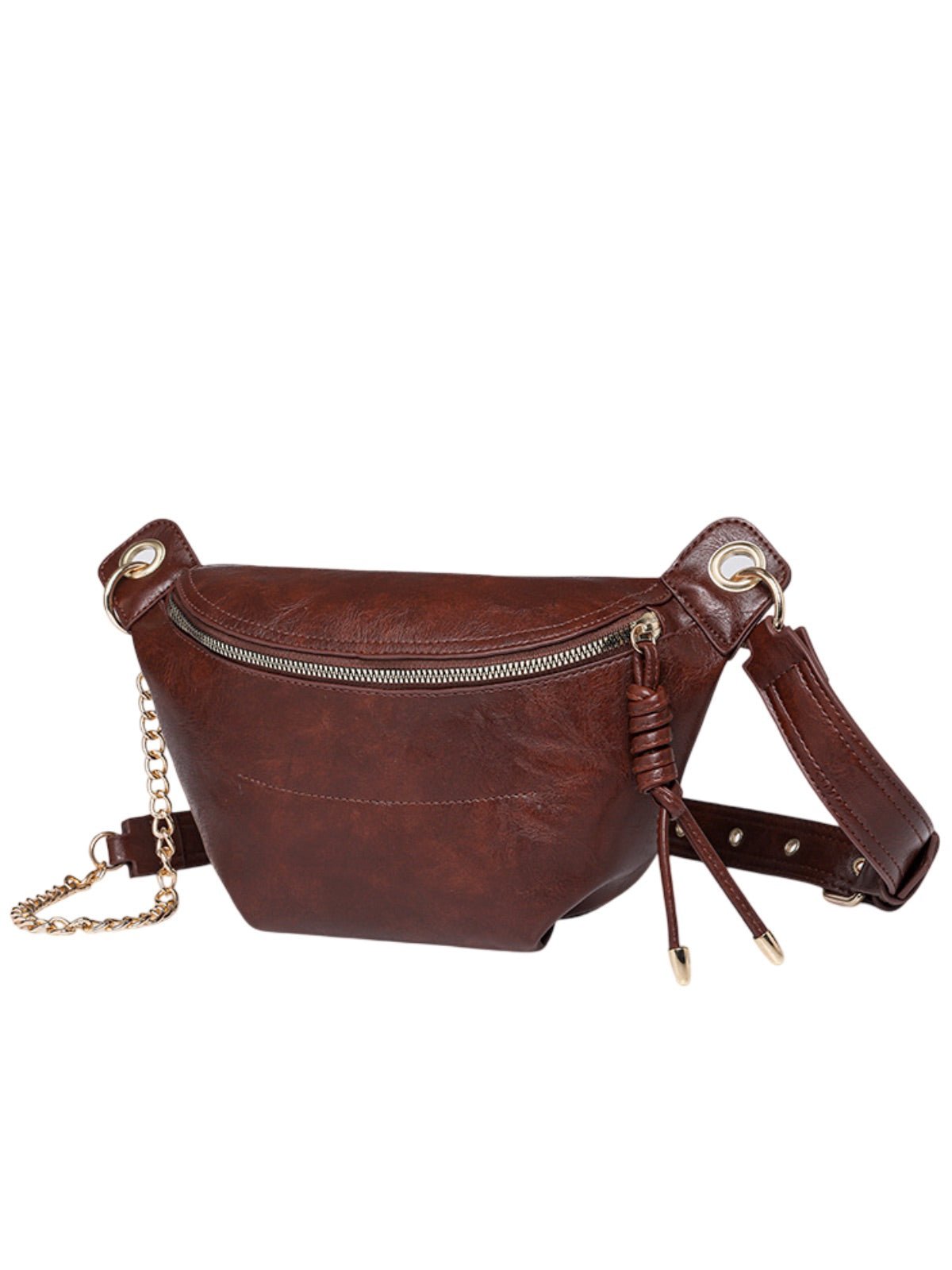 Sacoche banane en simili vegan, chaîne dorée, porté ceinture, sac moyen, fermeture éclair, modèle Sabina - Sacoche - Café
