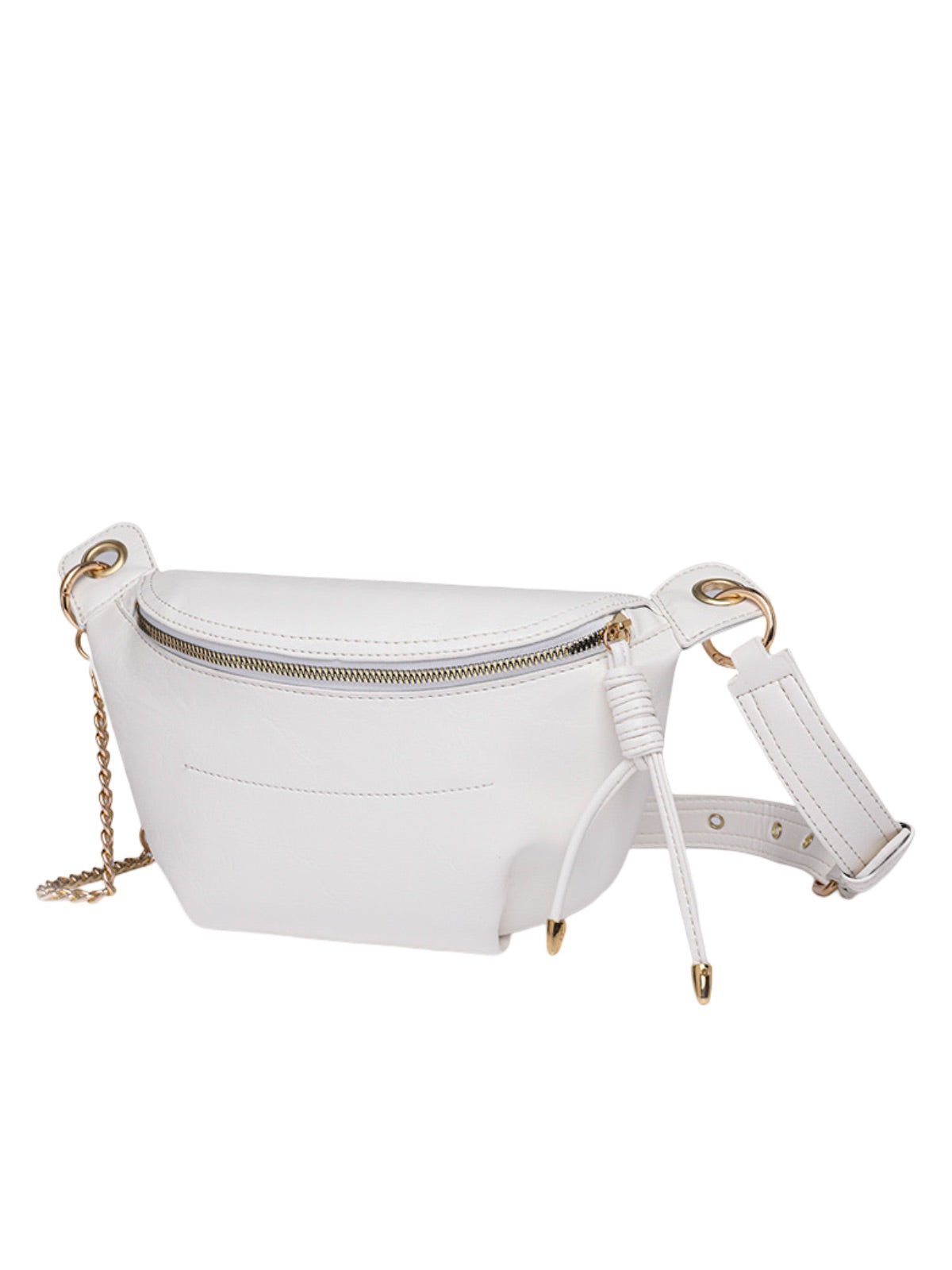 Sacoche banane en simili vegan, chaîne dorée, porté ceinture, sac moyen, fermeture éclair, modèle Sabina - Sacoche - Blanc