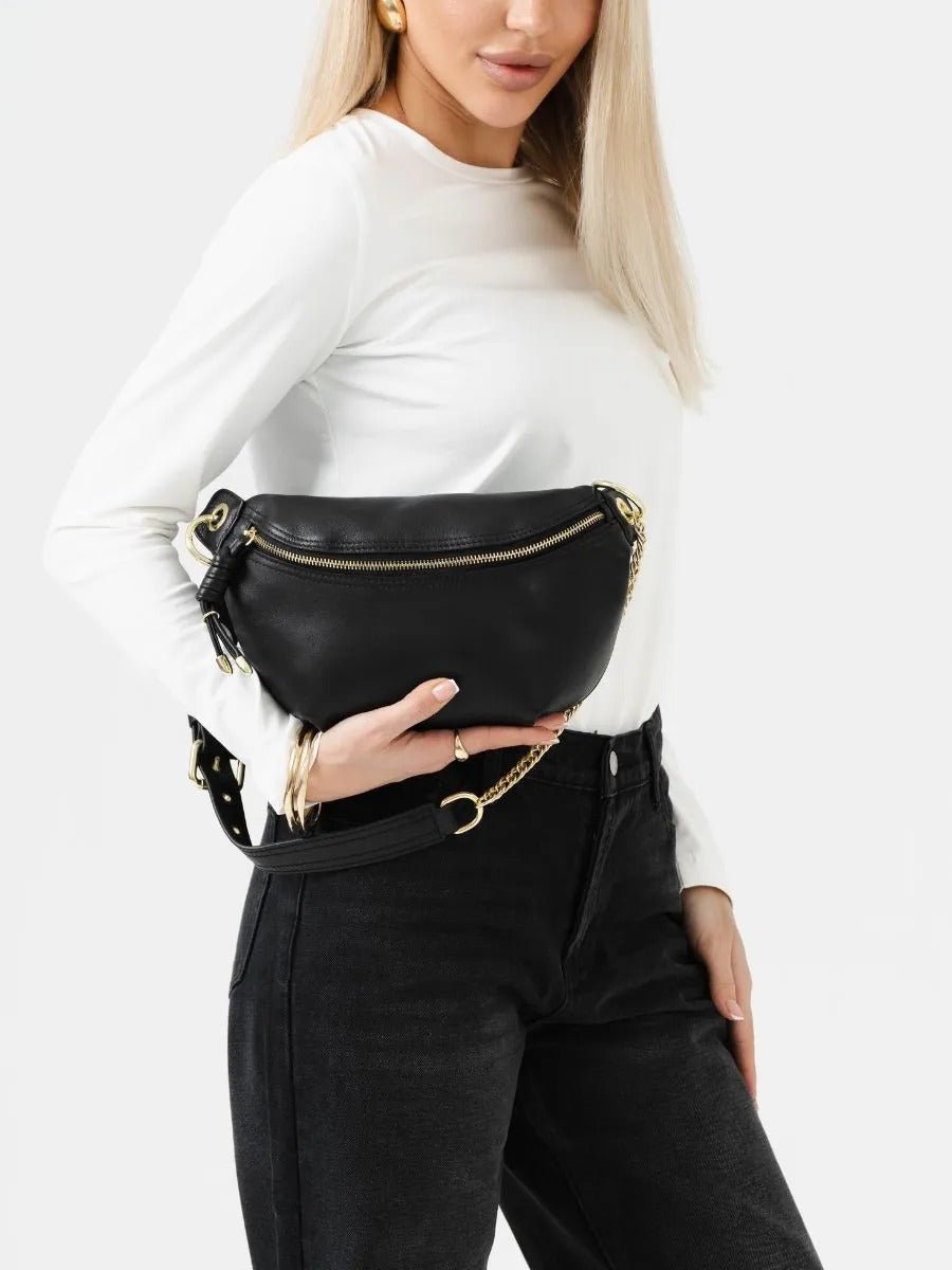 Sacoche banane en simili vegan, chaîne dorée, porté ceinture, sac moyen, fermeture éclair, modèle Sabina - Sacoche - Noir