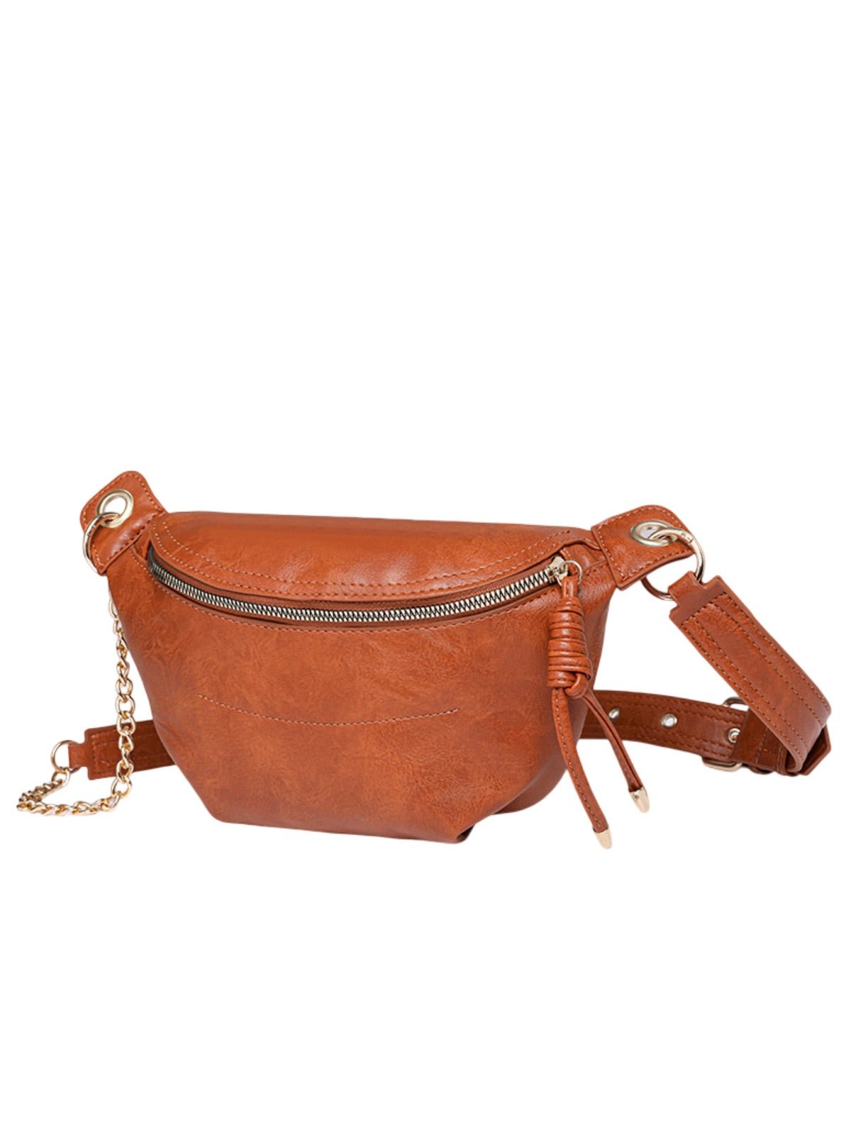 Sacoche banane en simili vegan, chaîne dorée, porté ceinture, sac moyen, fermeture éclair, modèle Sabina - Sacoche - Camel