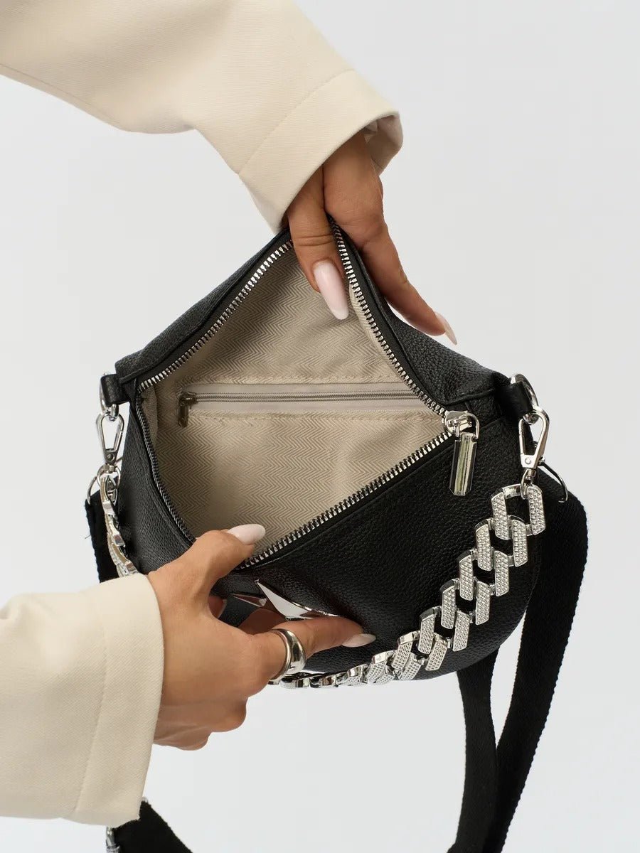 Sacoche banane femme, sac chaîne argent, sac à bandoulière réglable, mini sac tendance, modèle Thècle - Sacoche - Noir
