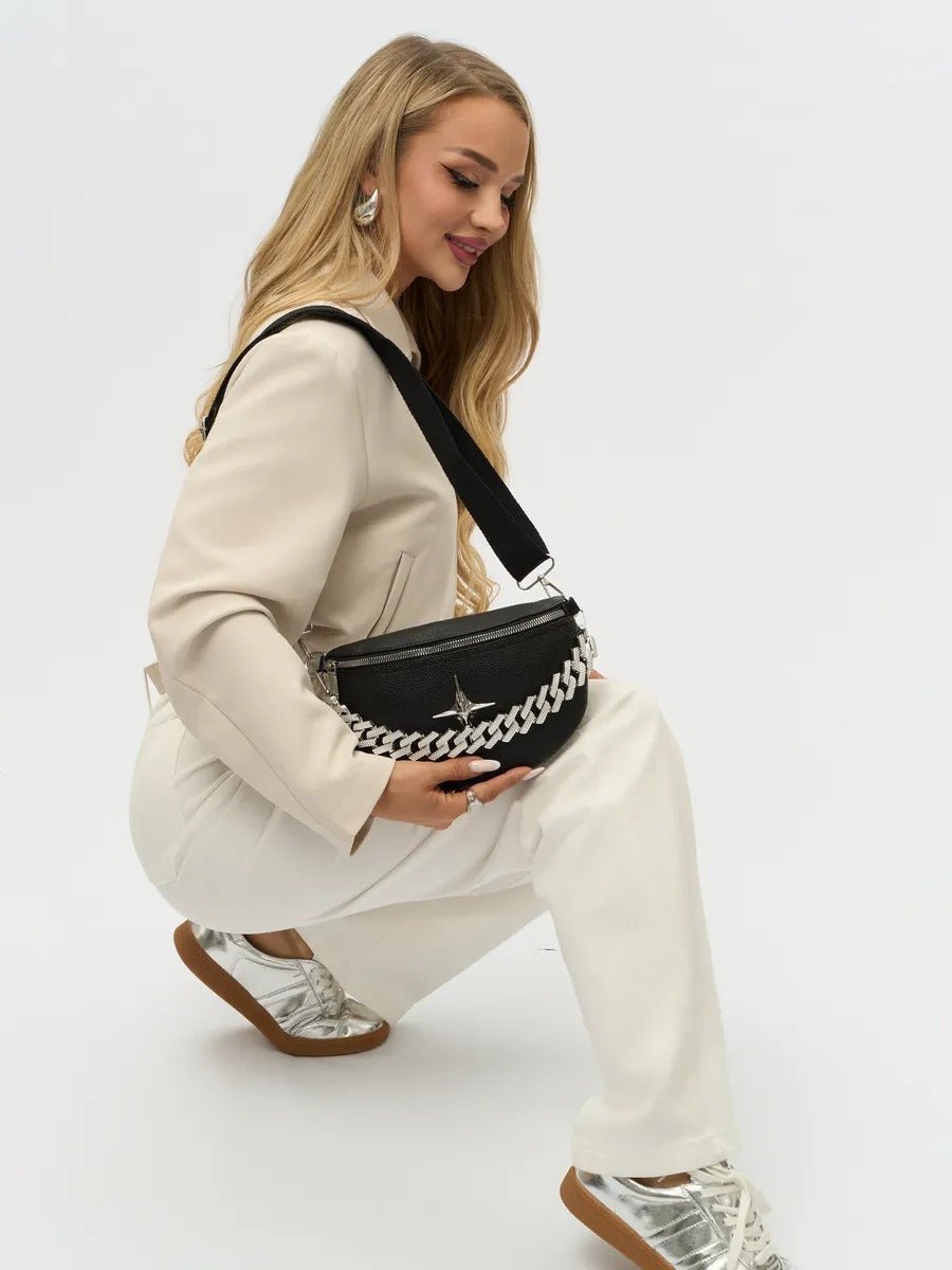 Sacoche banane femme, sac chaîne argent, sac à bandoulière réglable, mini sac tendance, modèle Thècle - Sacoche - Noir