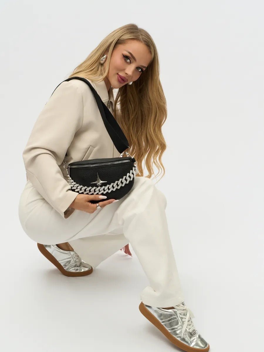 Sacoche banane femme, sac chaîne argent, sac à bandoulière réglable, mini sac tendance, modèle Thècle - Sacoche - Noir
